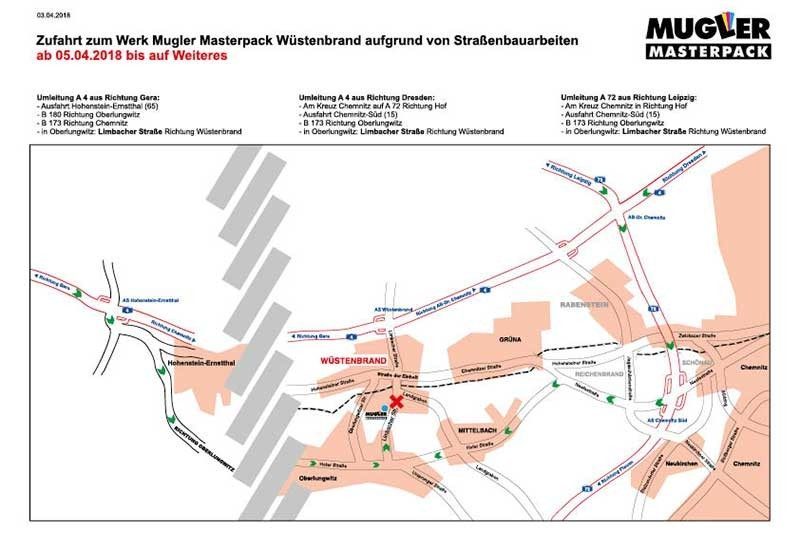 Anfahrt_Werk_Wuestenbrand Anfahrt Werk Wuestenbrand Mugler Masterpack aufgrund Bauarbeiten
