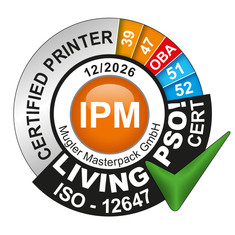 Siegel zur bestandenen LIVING PSO!®-Zertifizierung nach ISO 12647-2